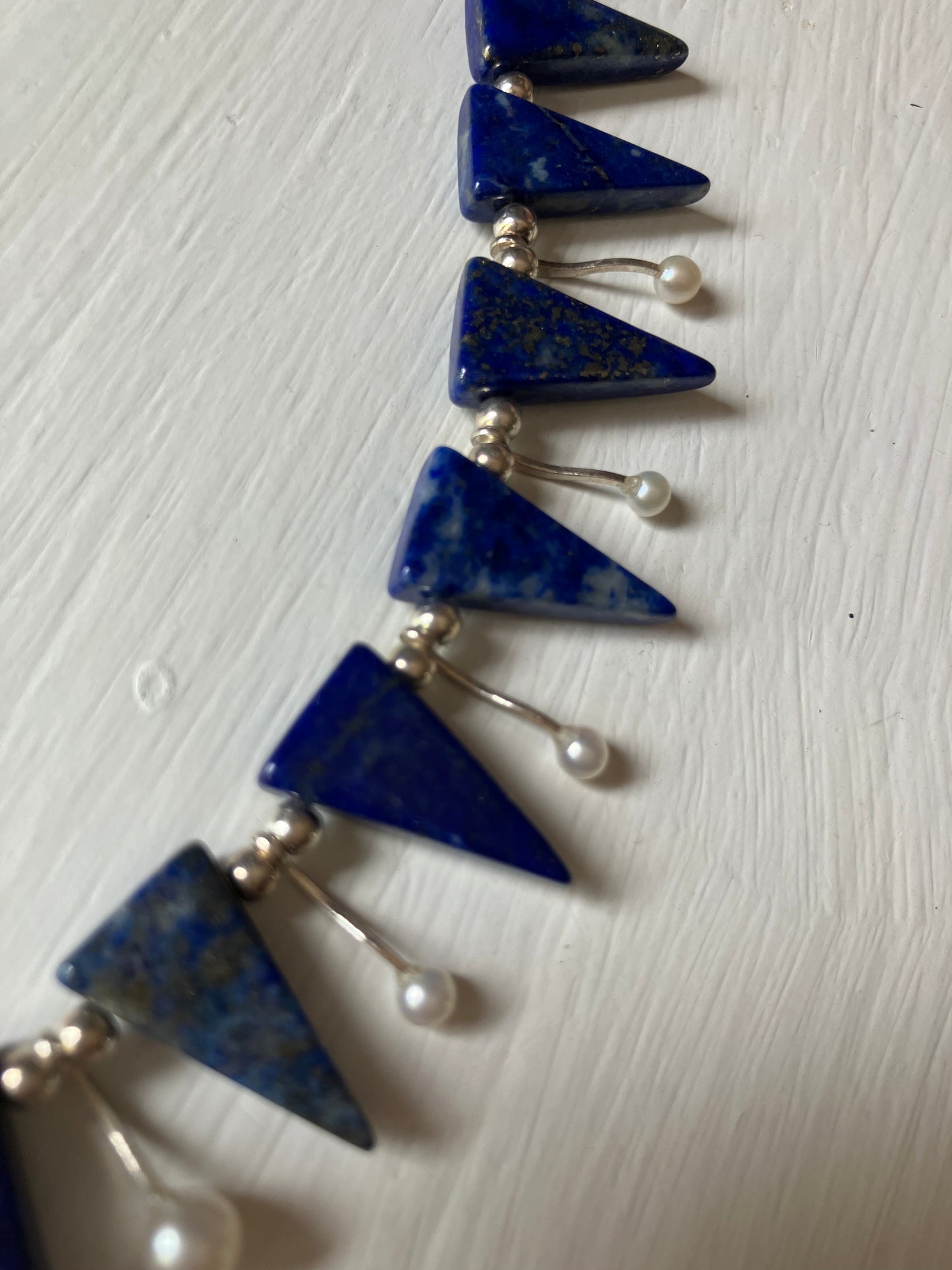 Triangle Blue Bead, Pearl & Silver Leaf Clasp Necklace