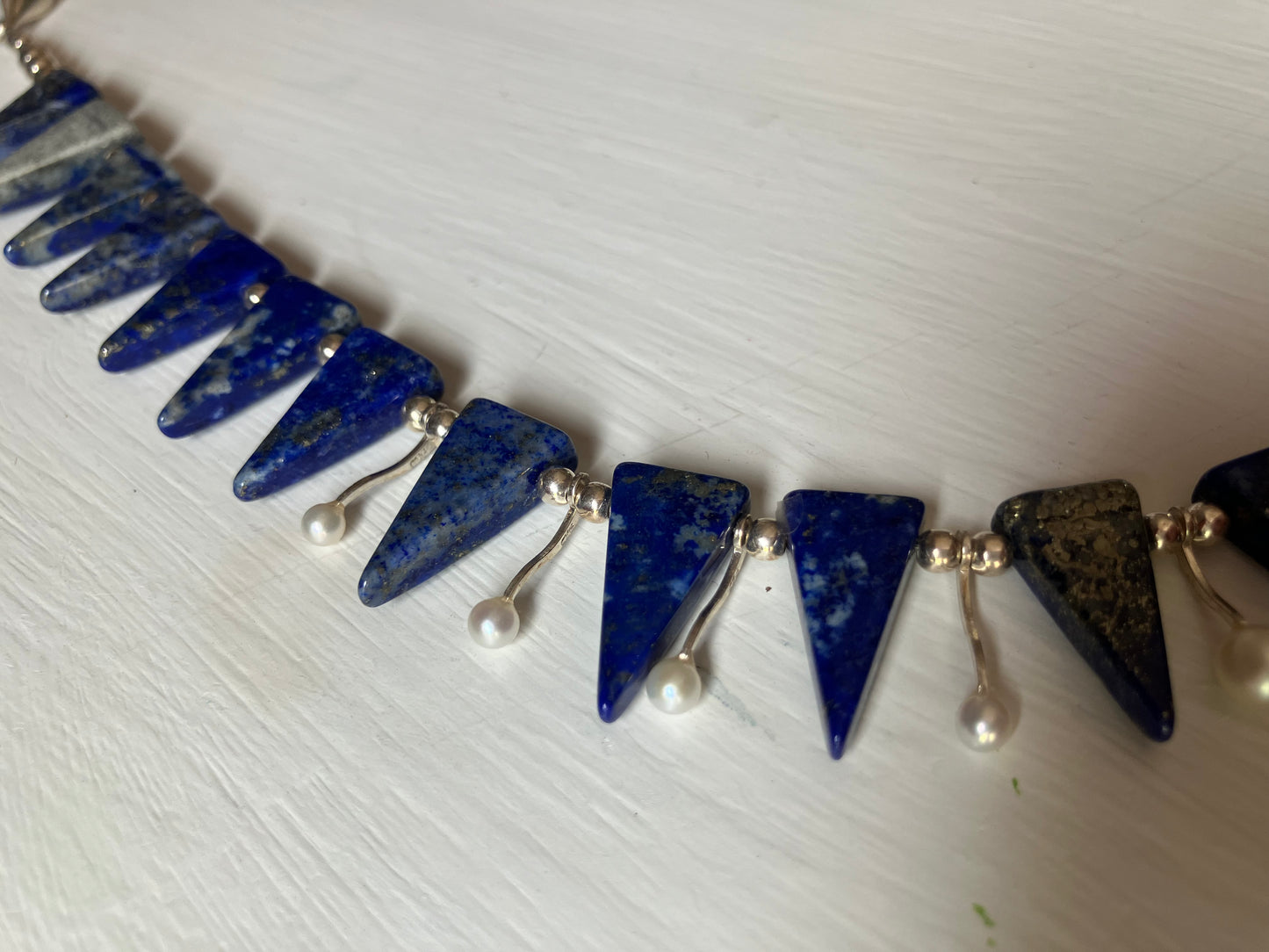Triangle Blue Bead, Pearl & Silver Leaf Clasp Necklace