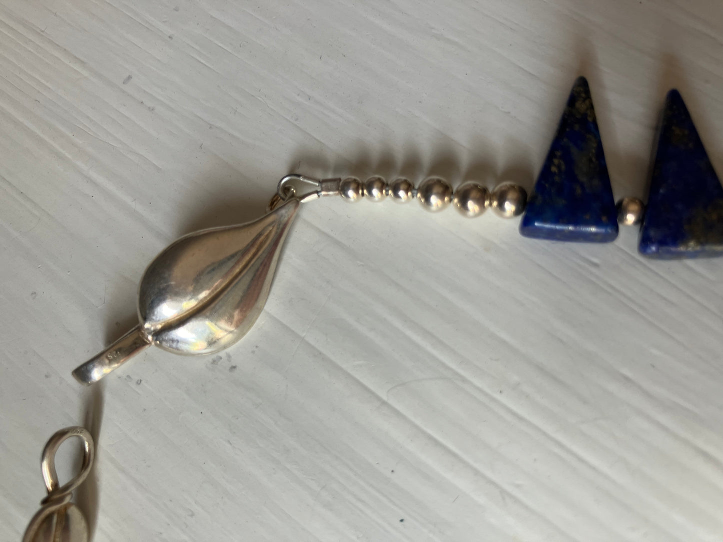 Triangle Blue Bead, Pearl & Silver Leaf Clasp Necklace