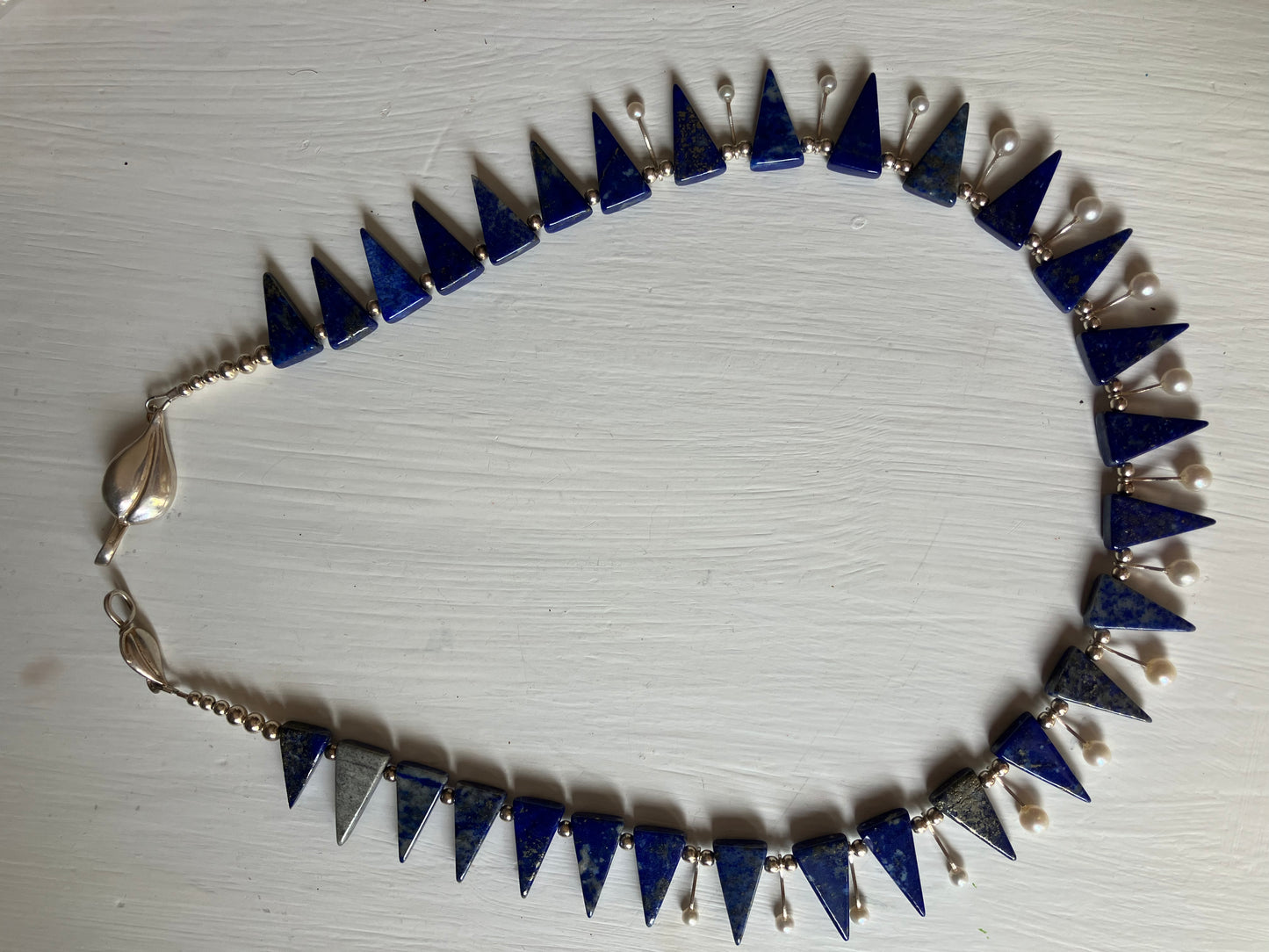 Triangle Blue Bead, Pearl & Silver Leaf Clasp Necklace