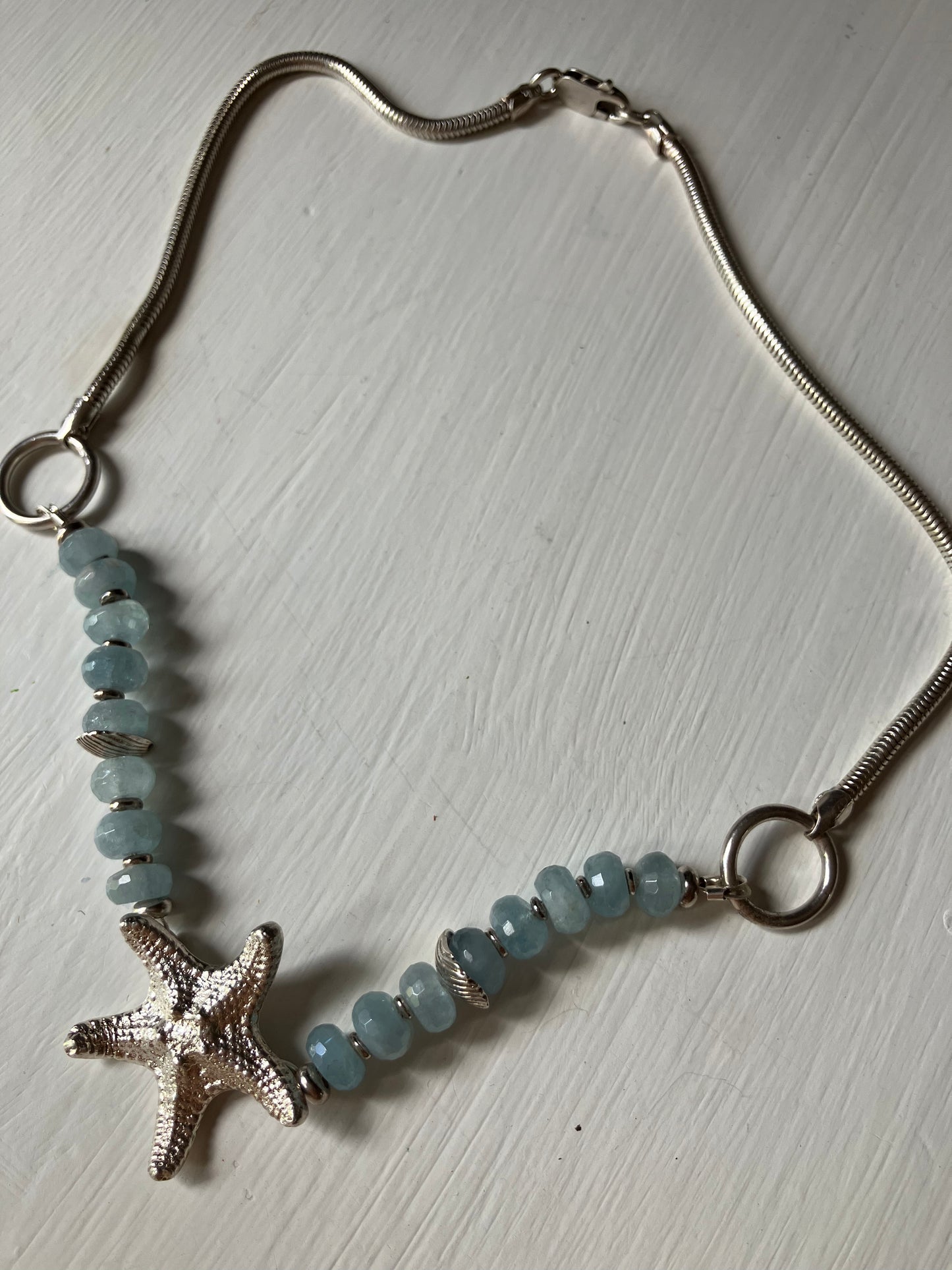 Starfish Necklace, aquamarine snake chain