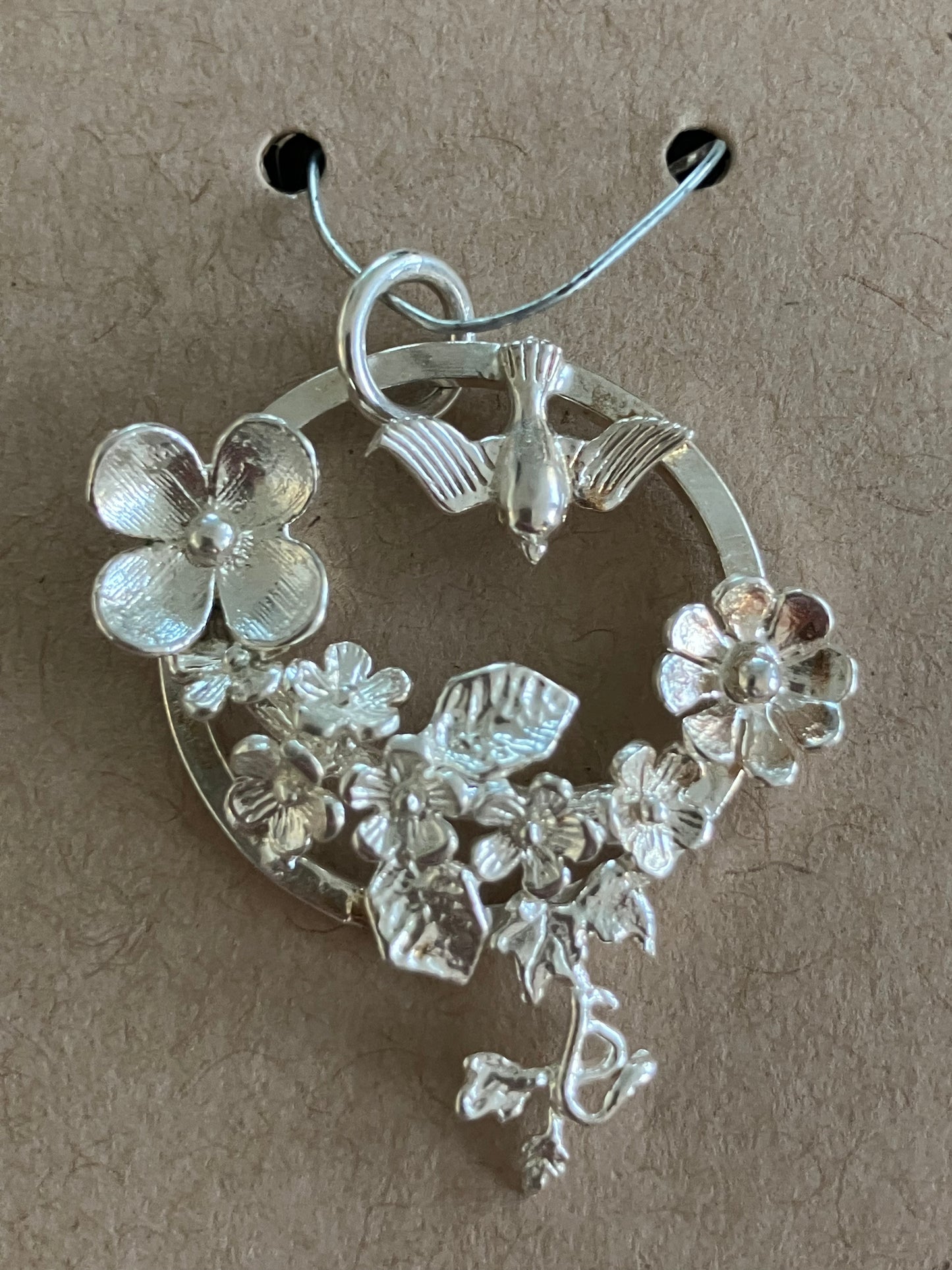 Silver Swallow & Flower Wreath Pendant