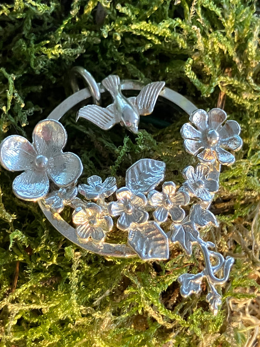 Silver Swallow & Flower Wreath Pendant