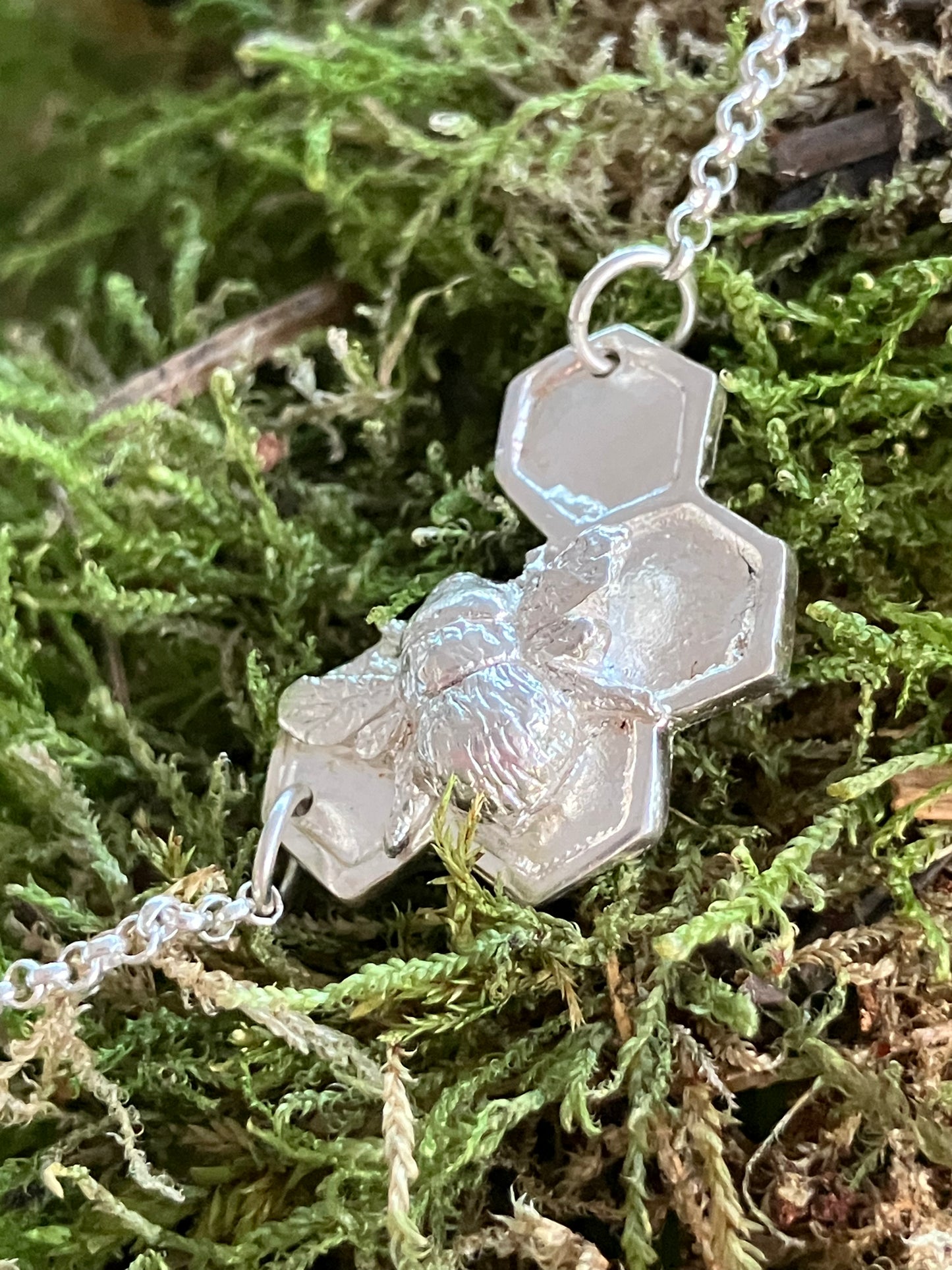 Silver Bee on solid honeycomb necklace