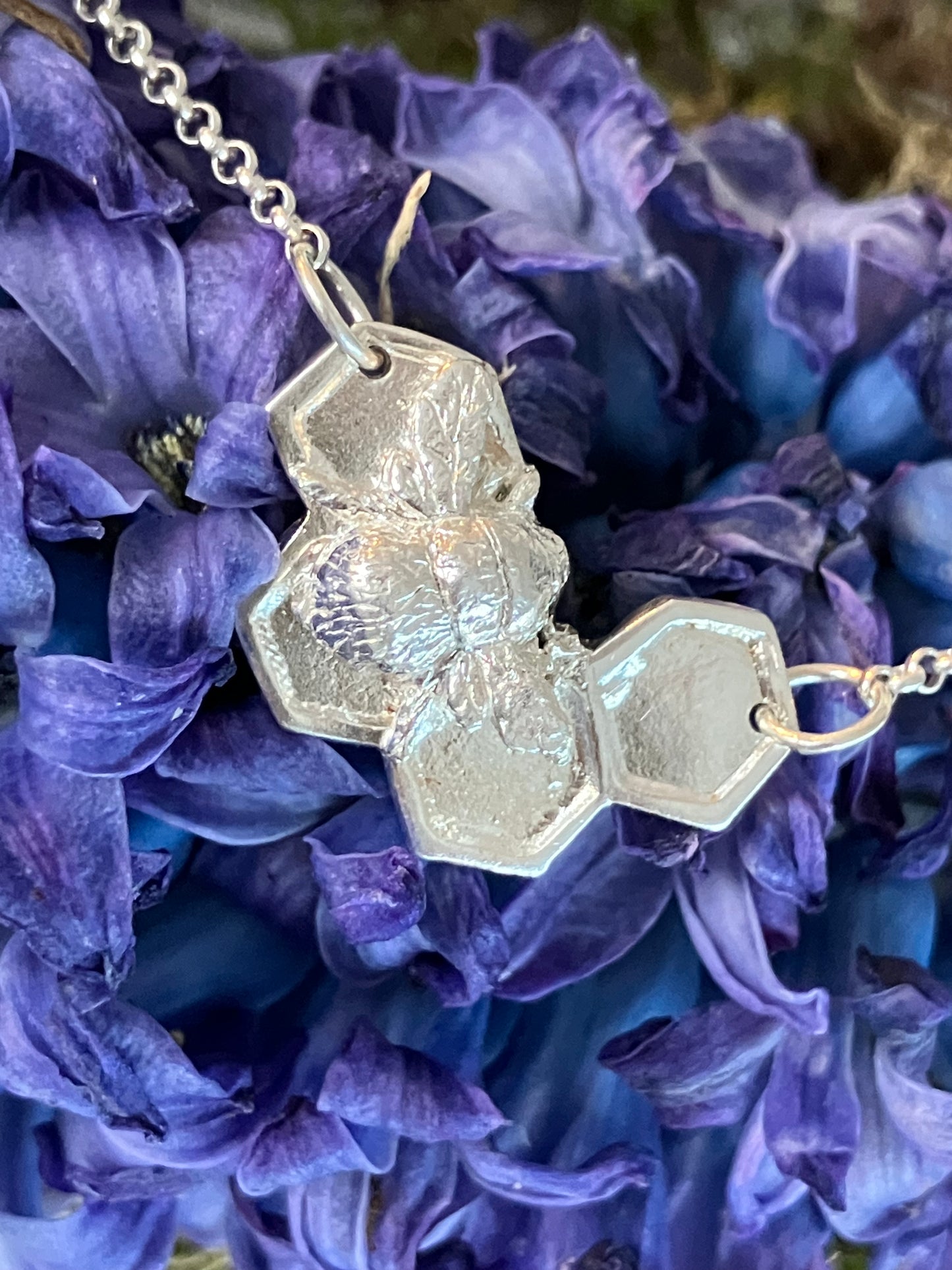 Silver Bee on solid honeycomb necklace