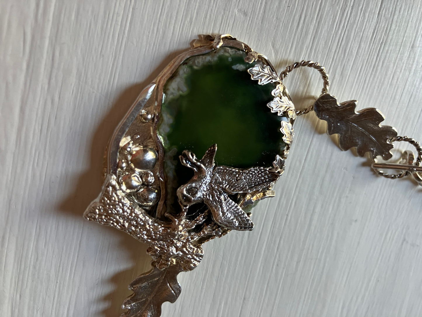 Owl and Oaktree on green agate necklace