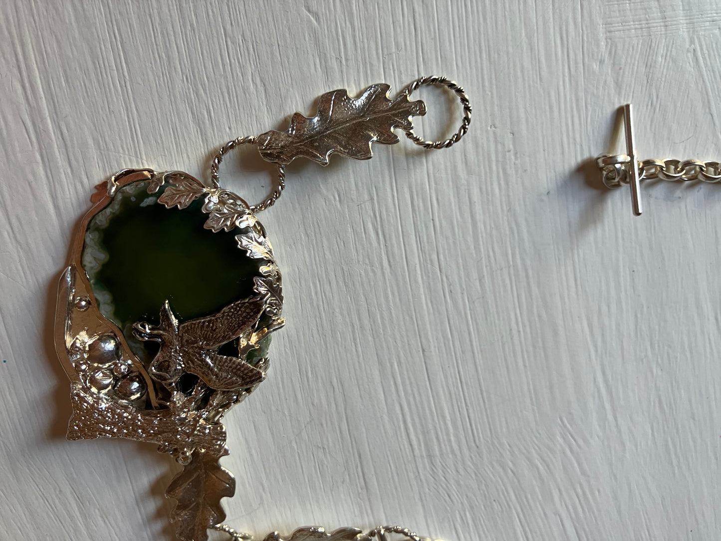 Owl and Oaktree on green agate necklace