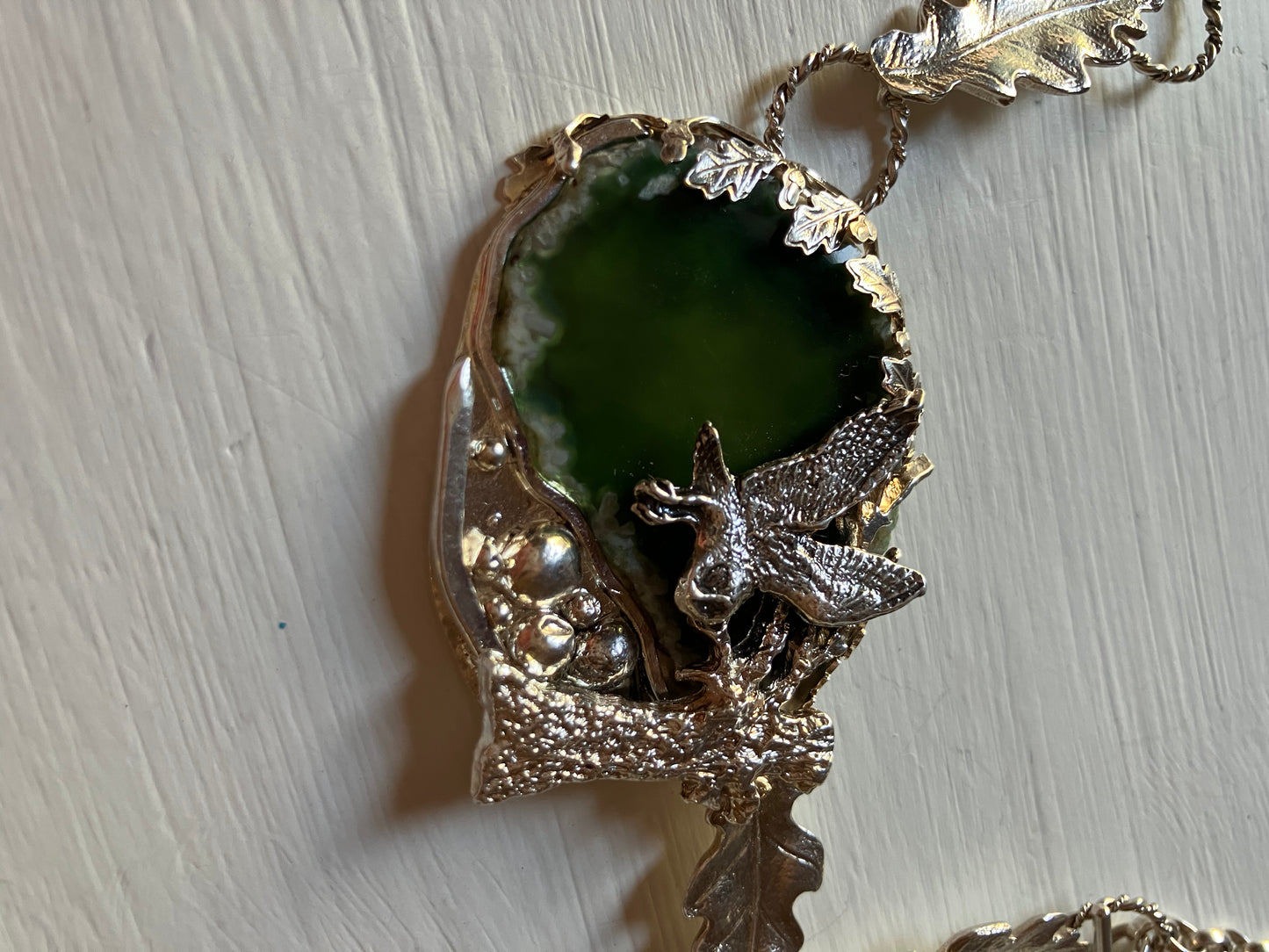 Owl and Oaktree on green agate necklace
