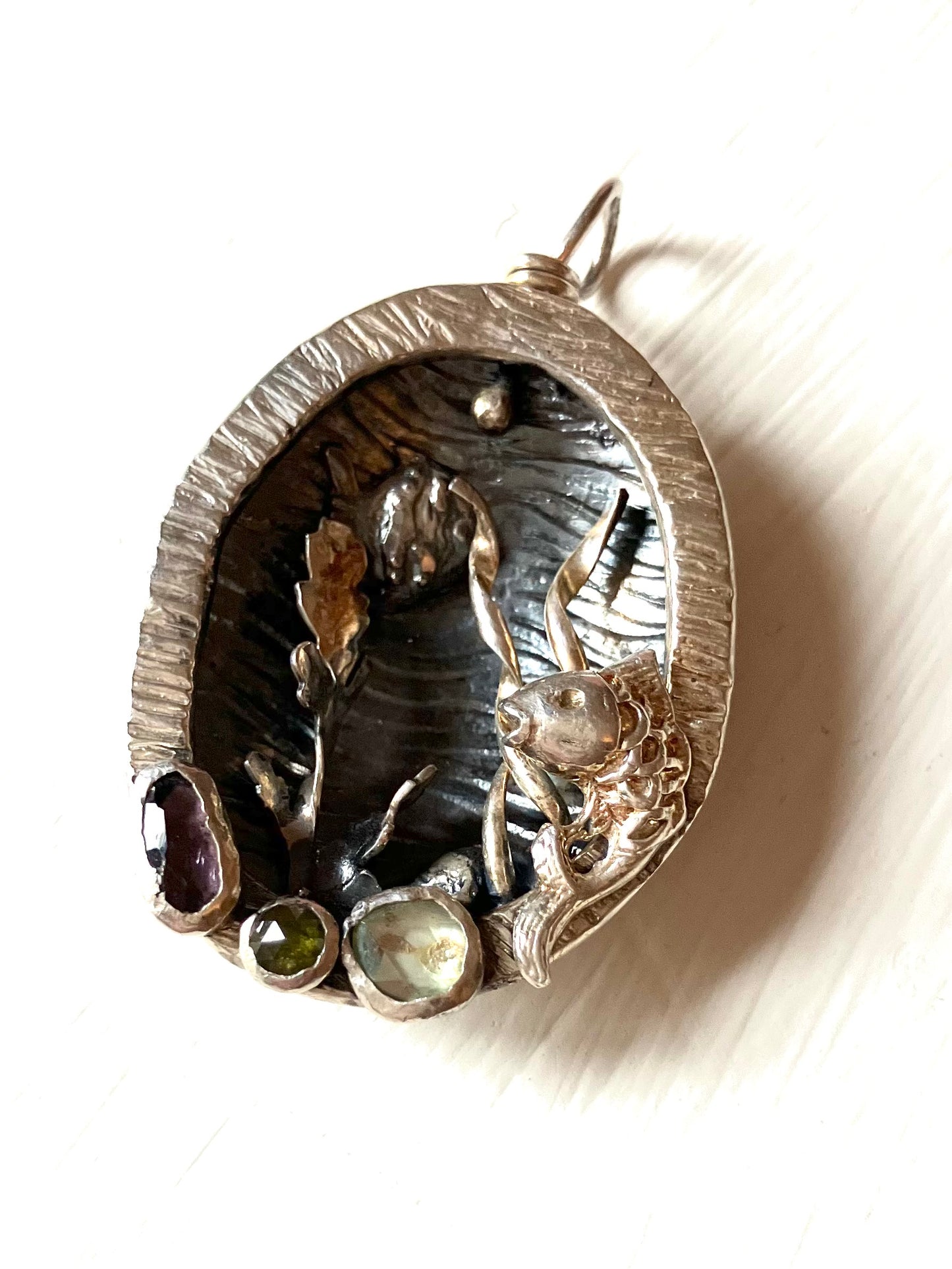 Large Silver Sea Scene Pendant with Tormaline & Rose Cut Diamond