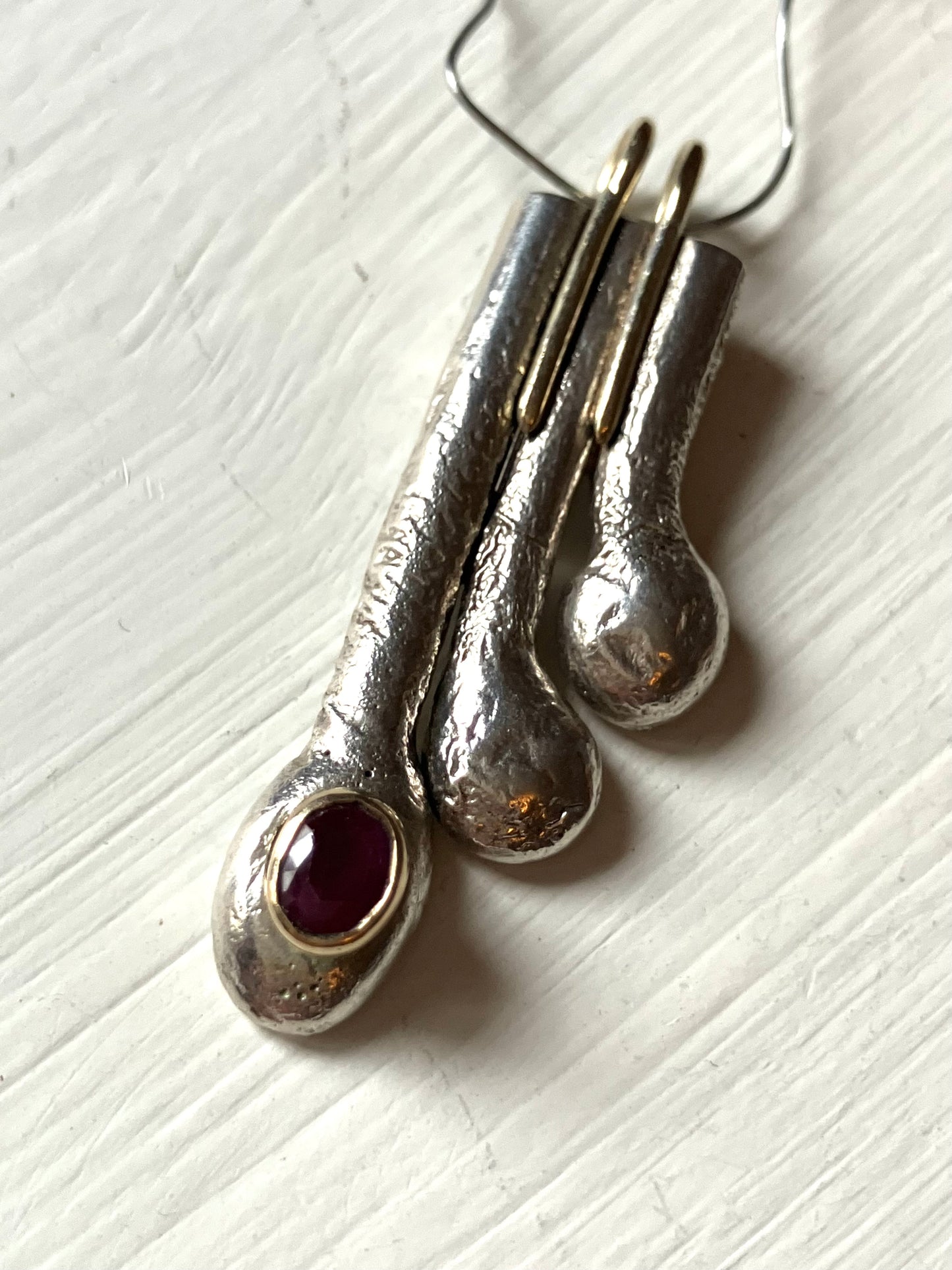 Art Deco Style Asymmetrical Drop Pendant in Gold, Silver & Ruby