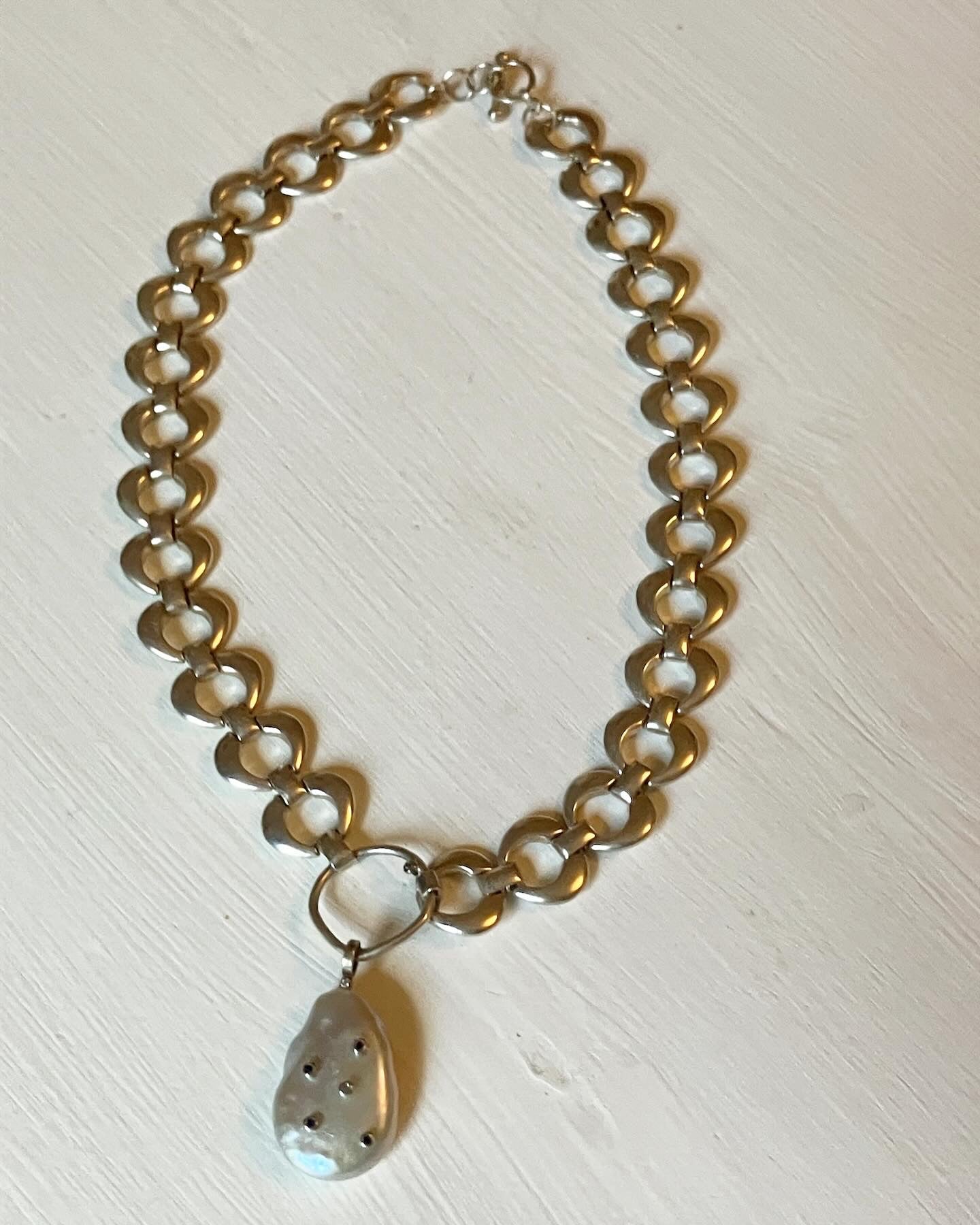 Chunky Silver Necklace with Pearl Pendant