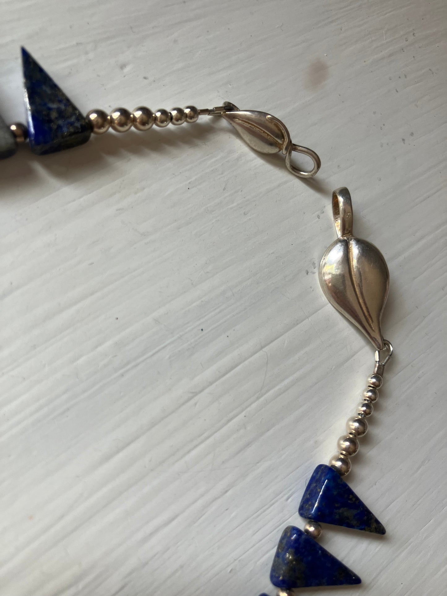 Triangle Blue Bead, Pearl & Silver Leaf Clasp Necklace