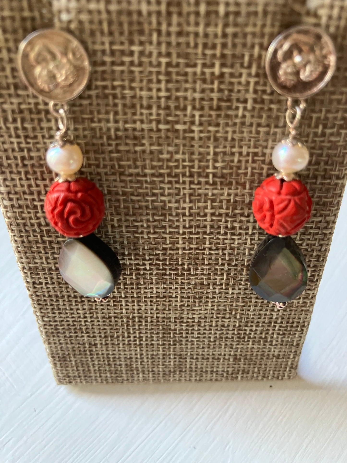 Laboradite, Rose and Coin Drop Earrings