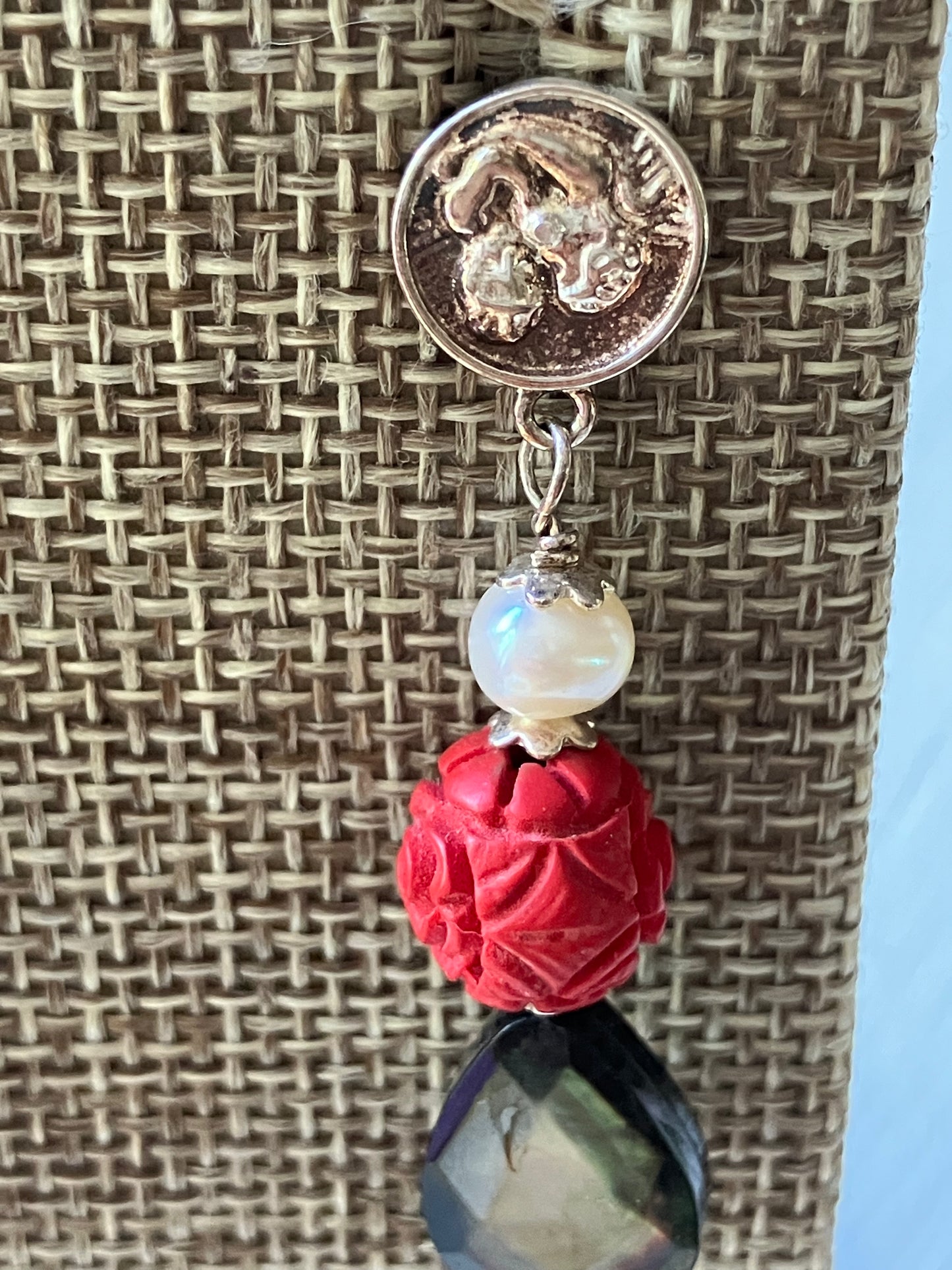 Laboradite, Rose and Coin Drop Earrings