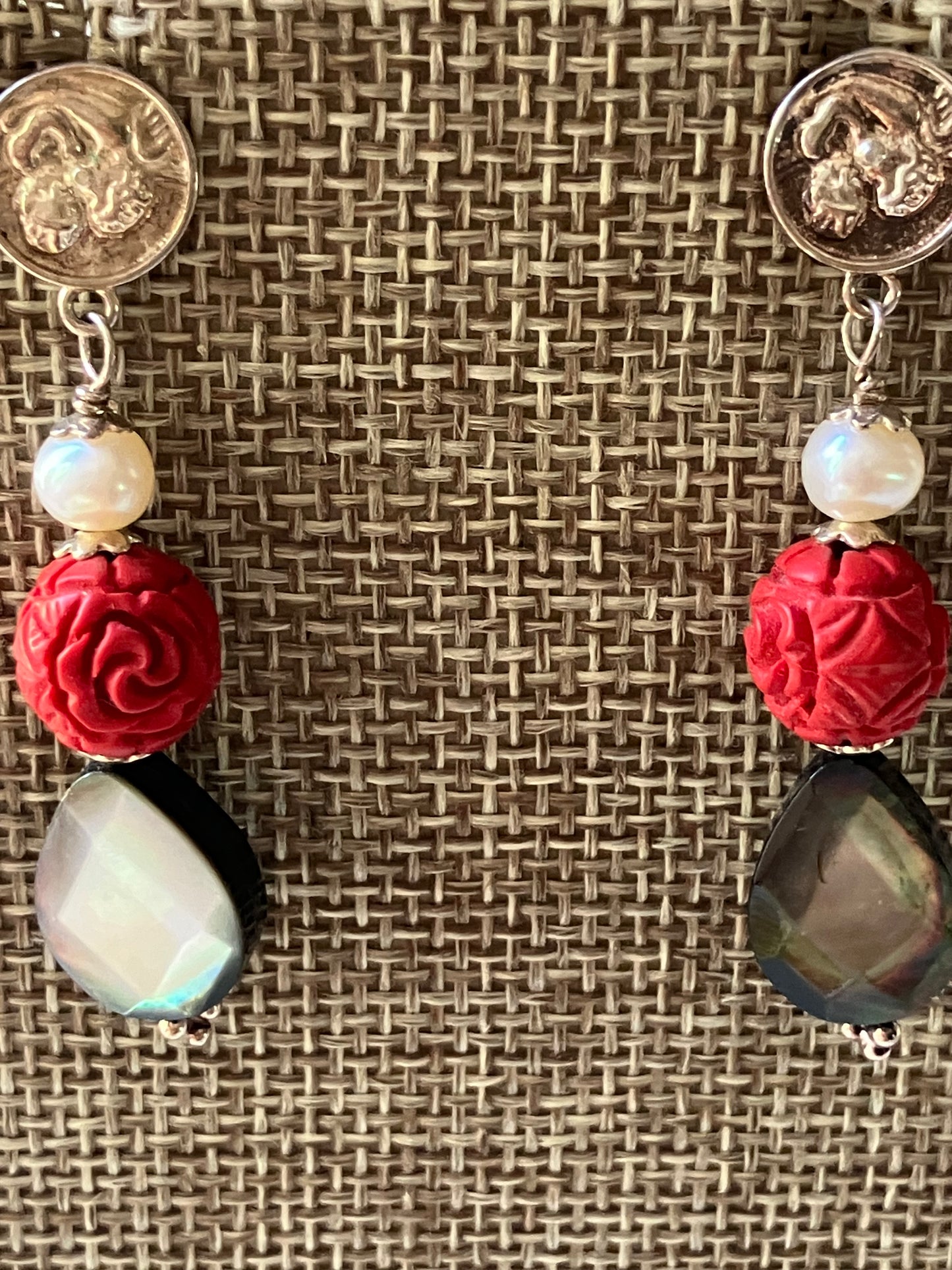 Laboradite, Rose and Coin Drop Earrings