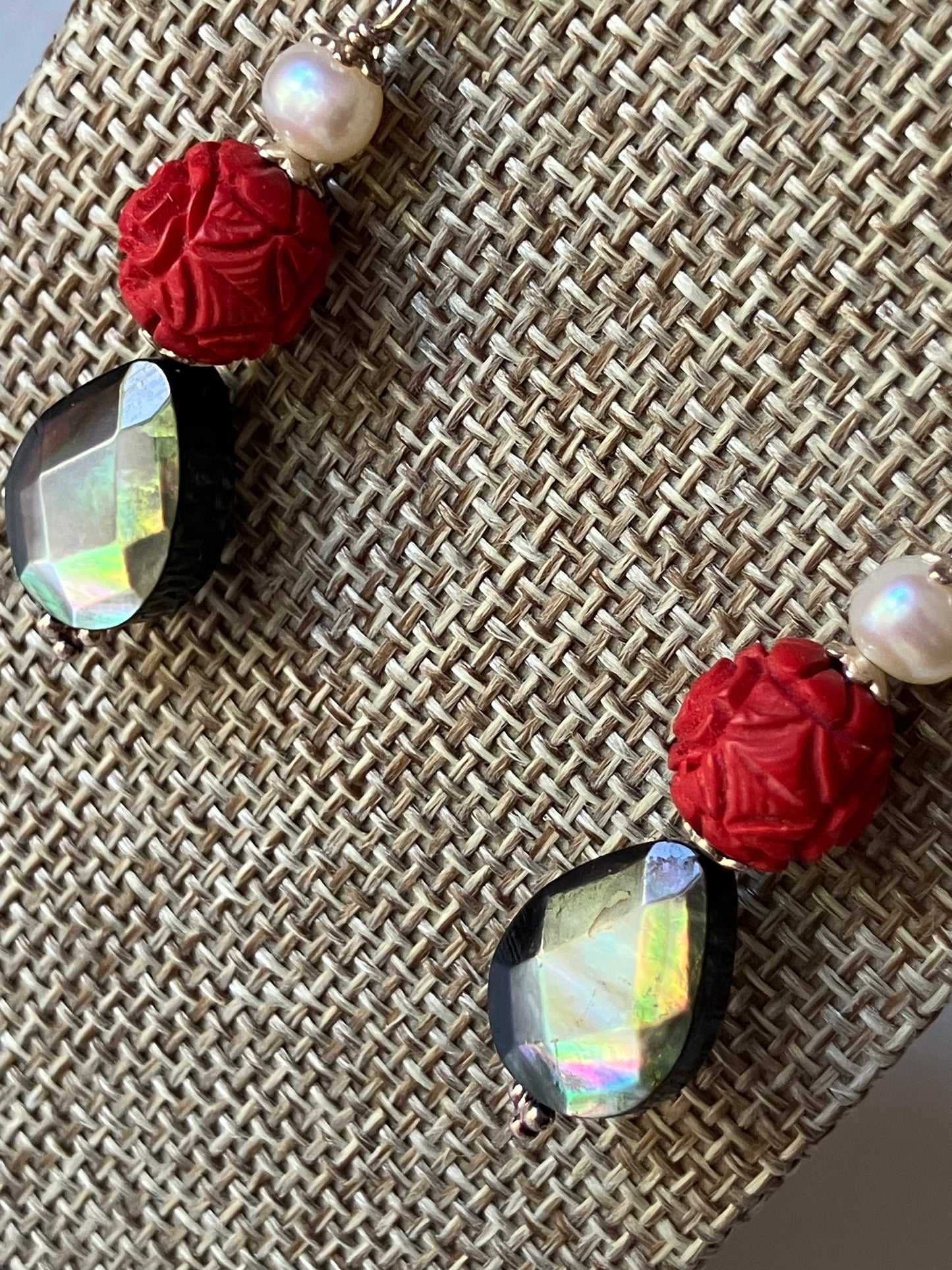 Laboradite, Rose and Coin Drop Earrings