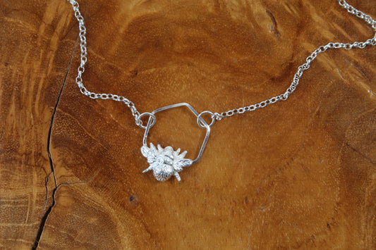 Single Silver Honeycomb Bee necklace