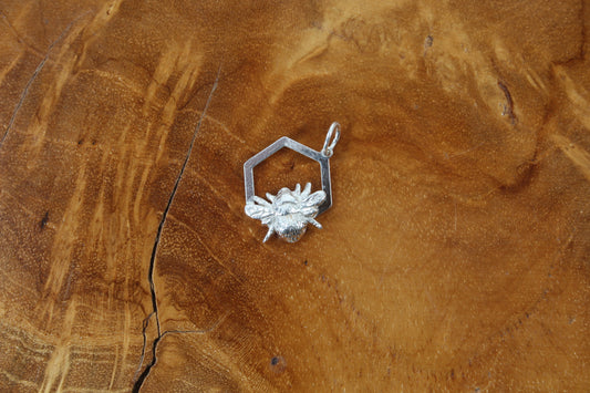 Silver Bee on Honeycomb cell pendant