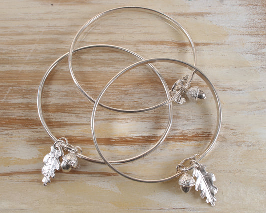 Silver Bangle with Acorn and oak leaf