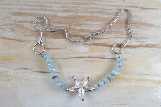 Starfish Necklace, aquamarine snake chain