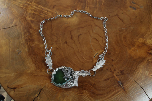 Owl and Oaktree on green agate necklace