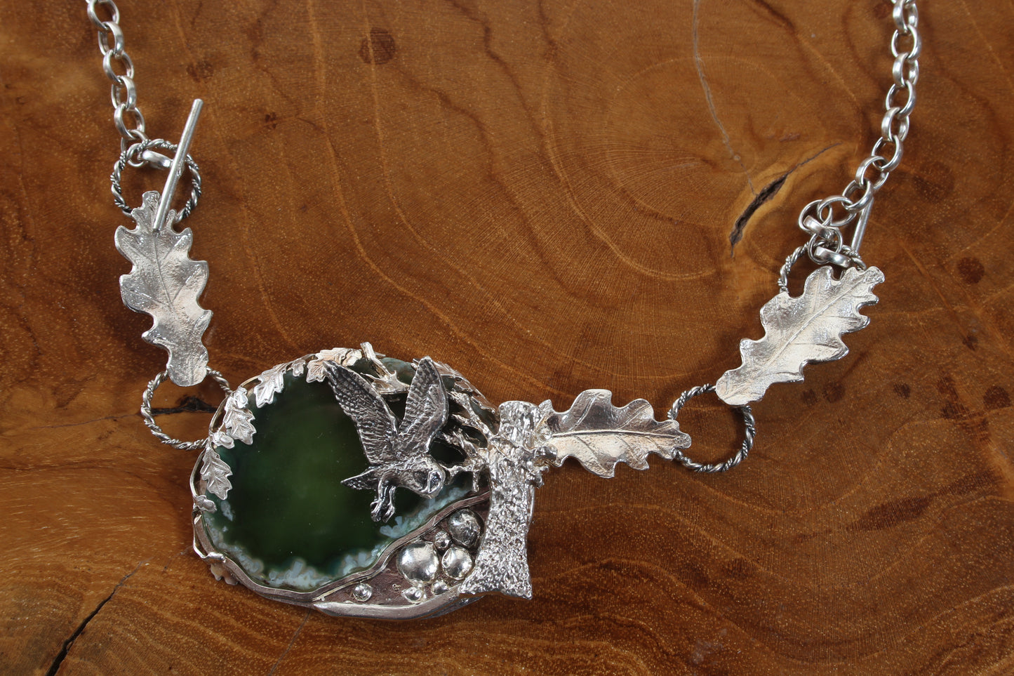 Owl and Oaktree on green agate necklace