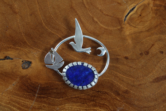 Seagull, boat and lapis silver pendant