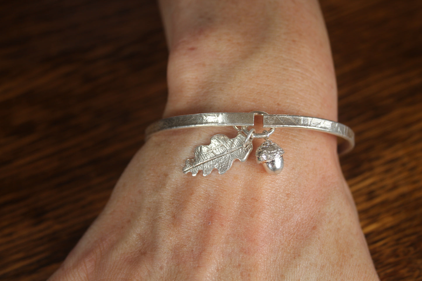 Silver Bangle with Acorn and oak leaf