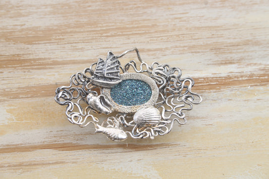 Druzy Pond - boats and shells swirly frame pendant