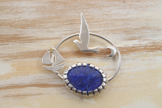 Blue Lapis pond, boat, moon and seagull pendant